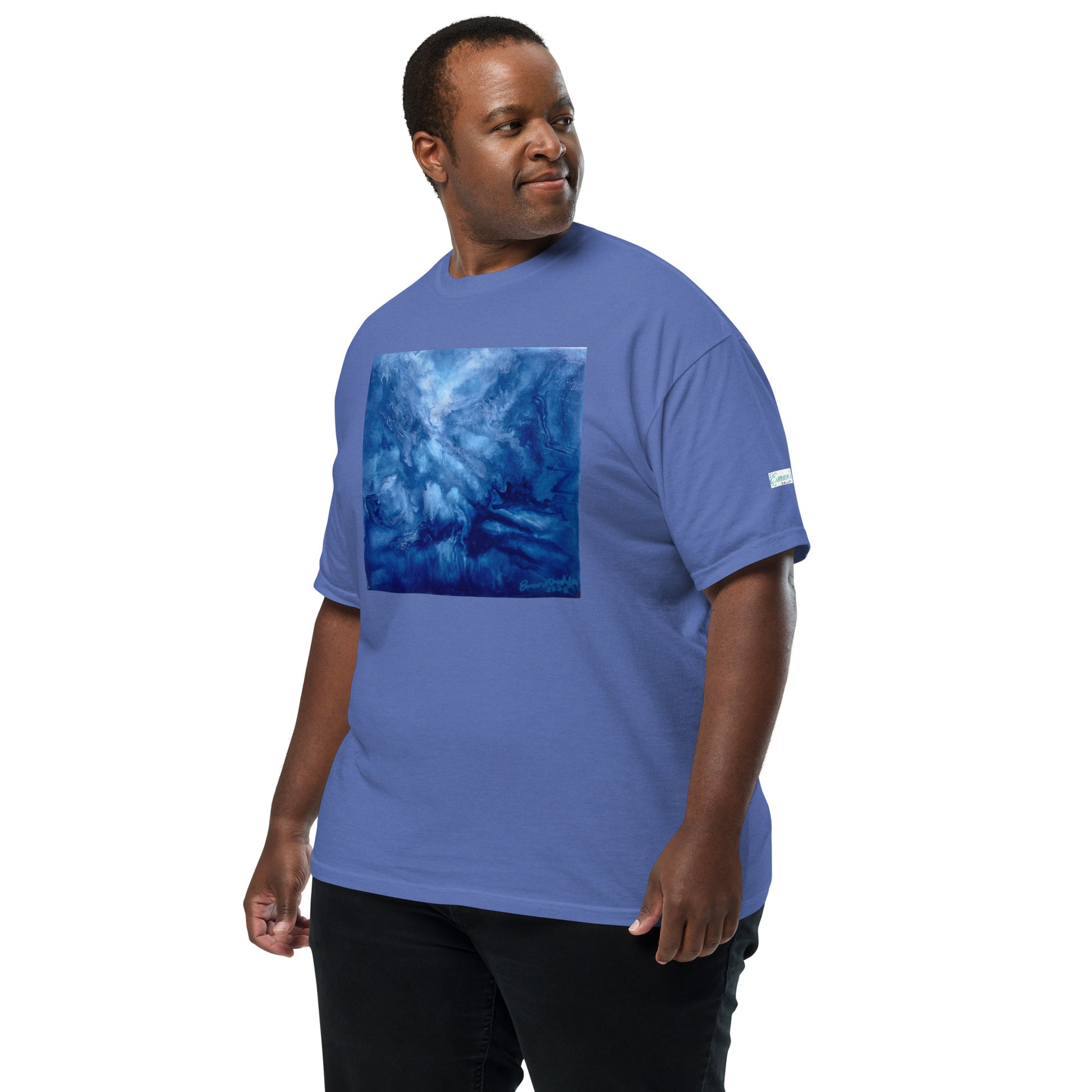 Graphic sweatshirt printed with storm‑blue acrylic pour from ‘Thunder’