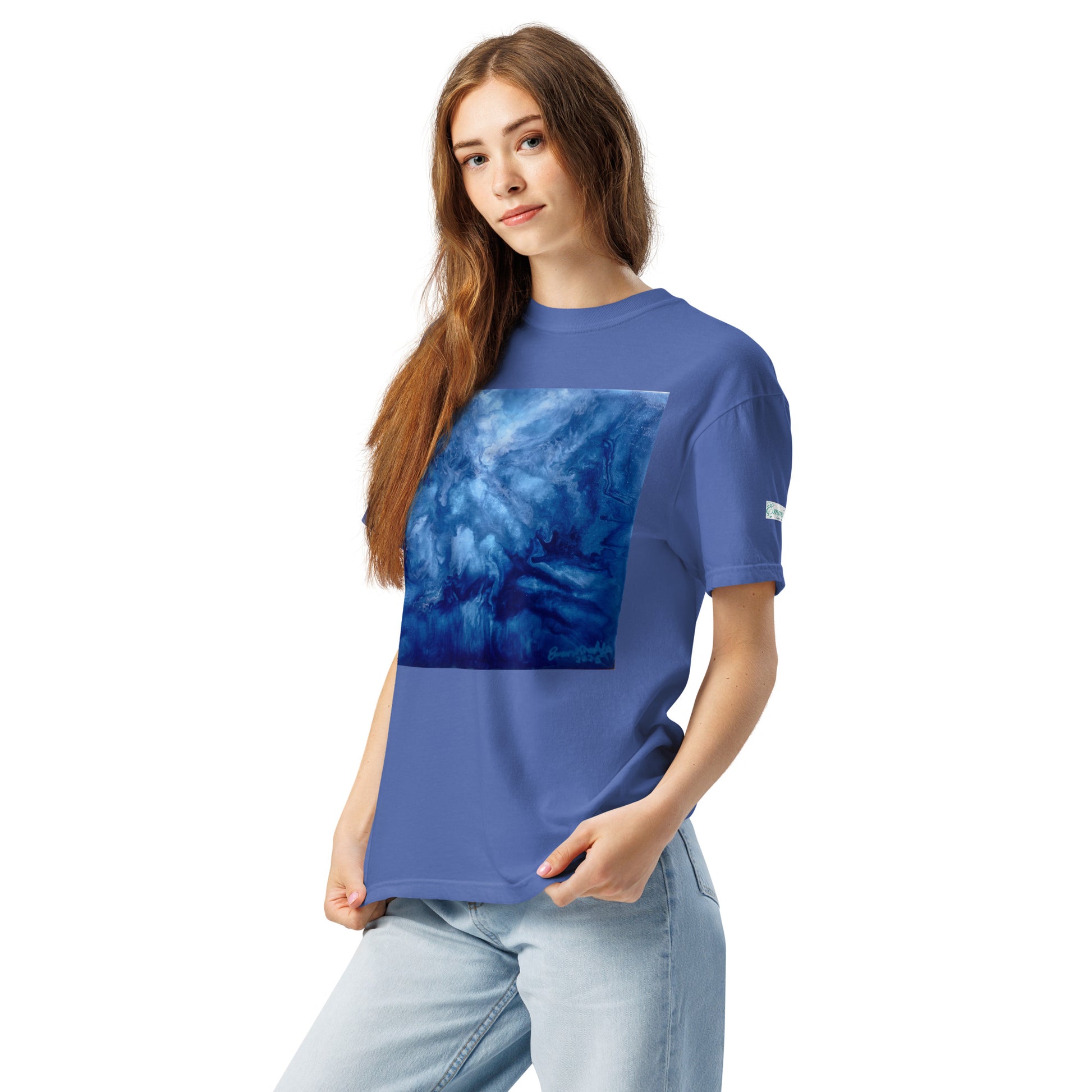 Graphic sweatshirt printed with storm‑blue acrylic pour from ‘Thunder’