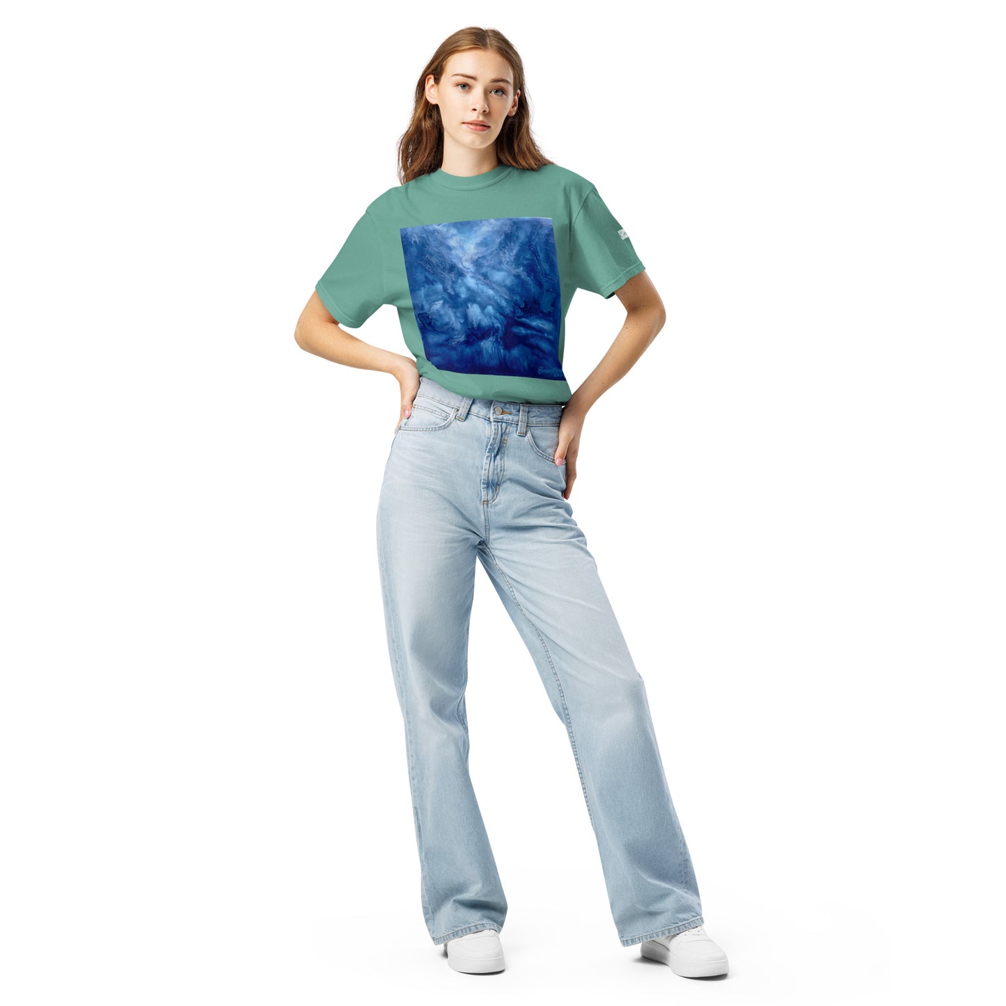 Graphic sweatshirt printed with storm‑blue acrylic pour from ‘Thunder’