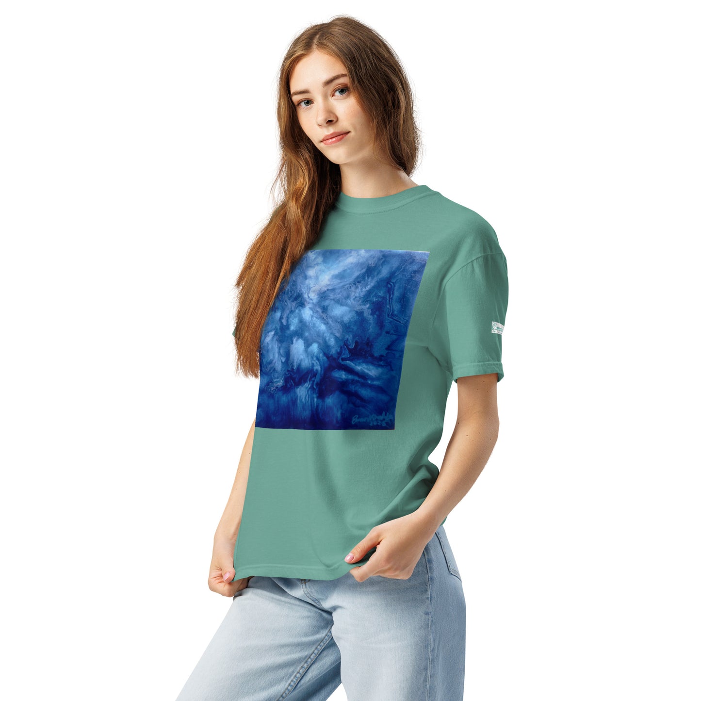 Graphic sweatshirt printed with storm‑blue acrylic pour from ‘Thunder’