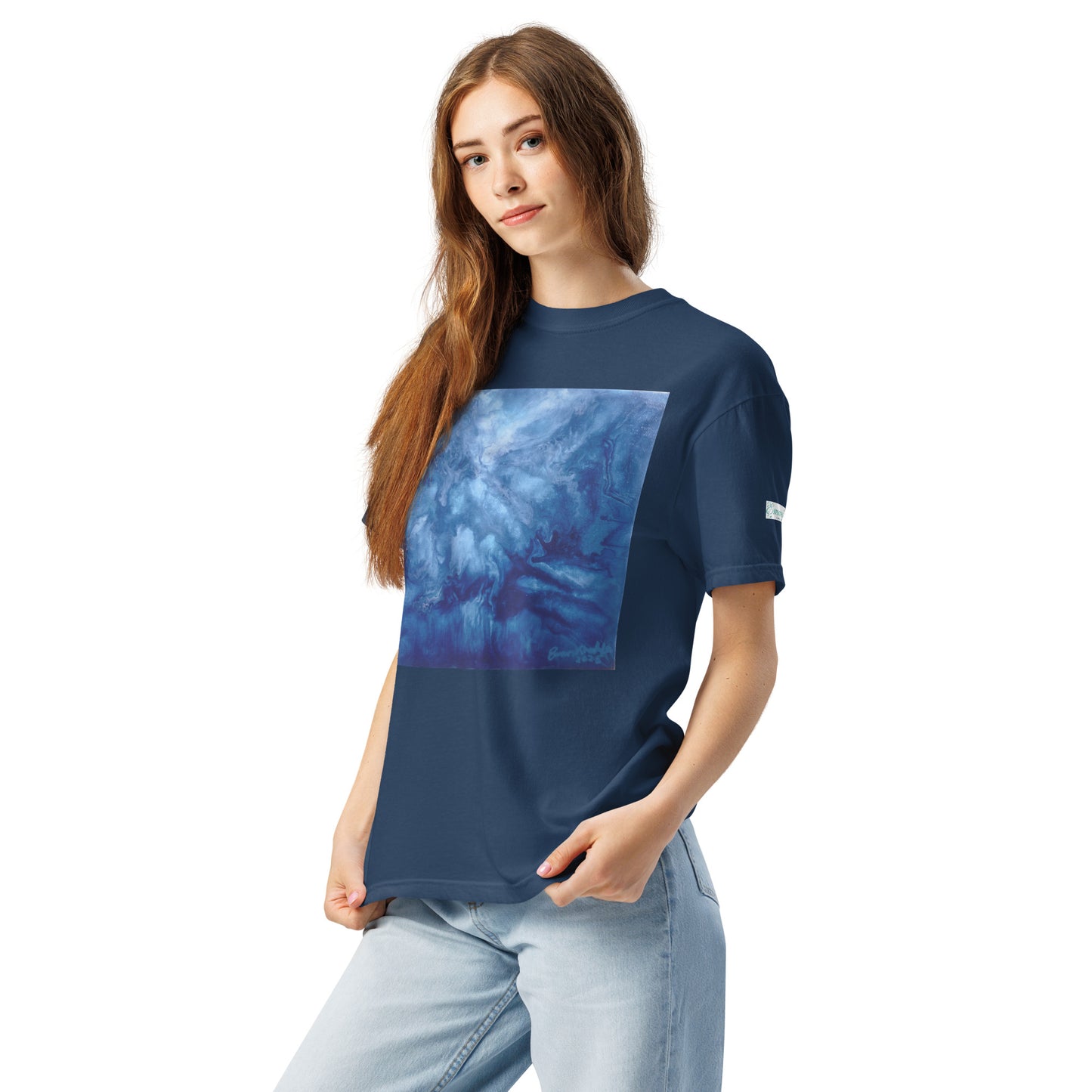 Graphic sweatshirt printed with storm‑blue acrylic pour from ‘Thunder’