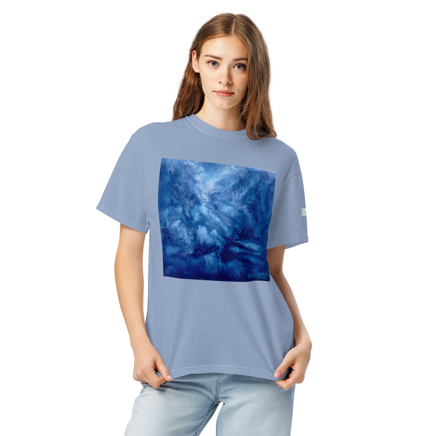 Graphic sweatshirt printed with storm‑blue acrylic pour from ‘Thunder’