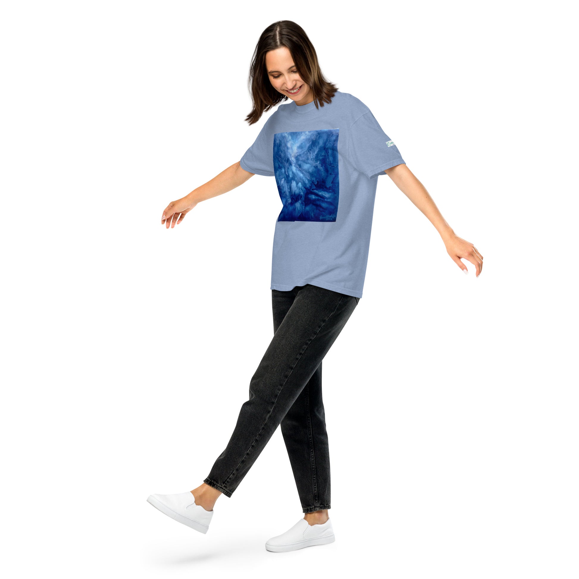 Graphic sweatshirt printed with storm‑blue acrylic pour from ‘Thunder’