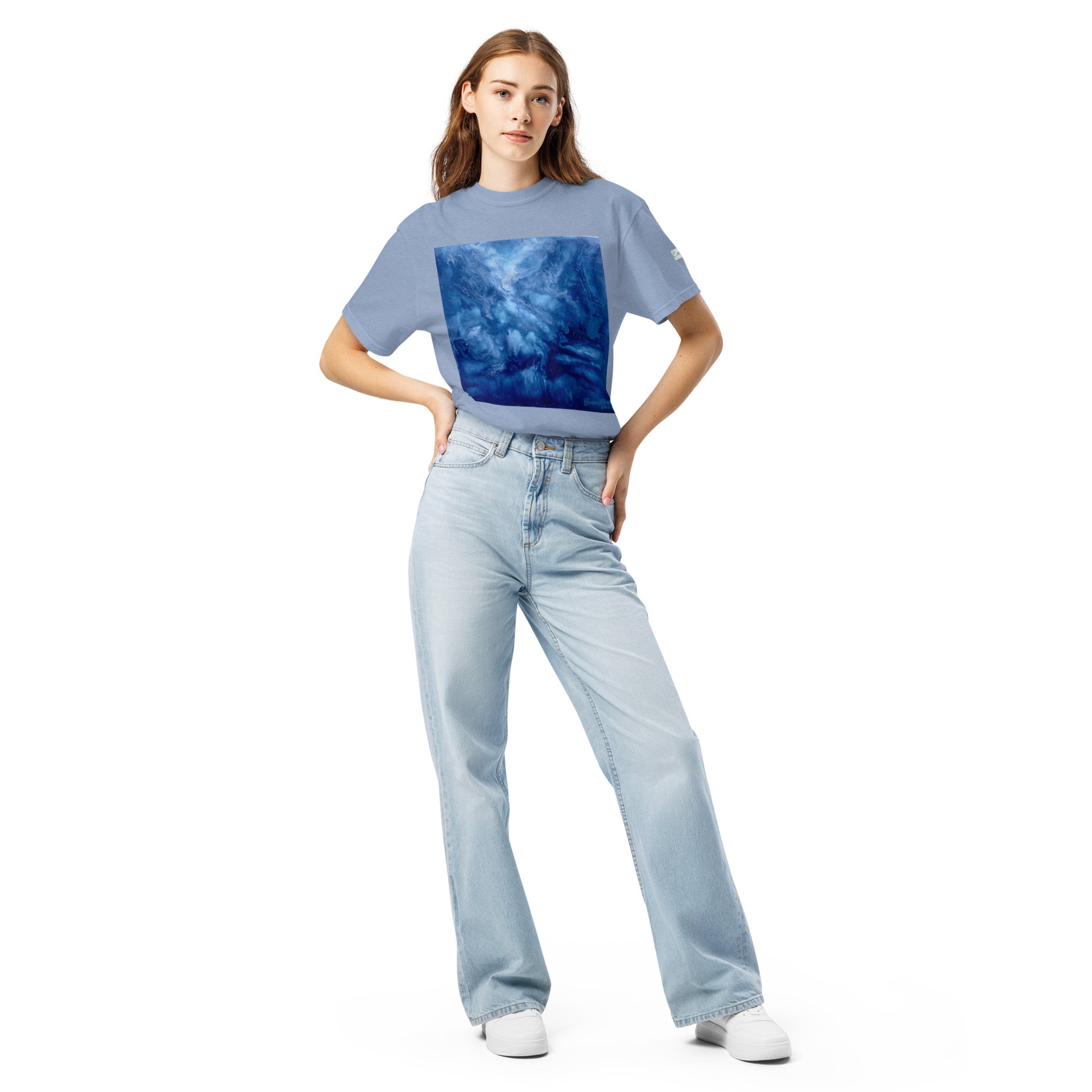 Graphic sweatshirt printed with storm‑blue acrylic pour from ‘Thunder’