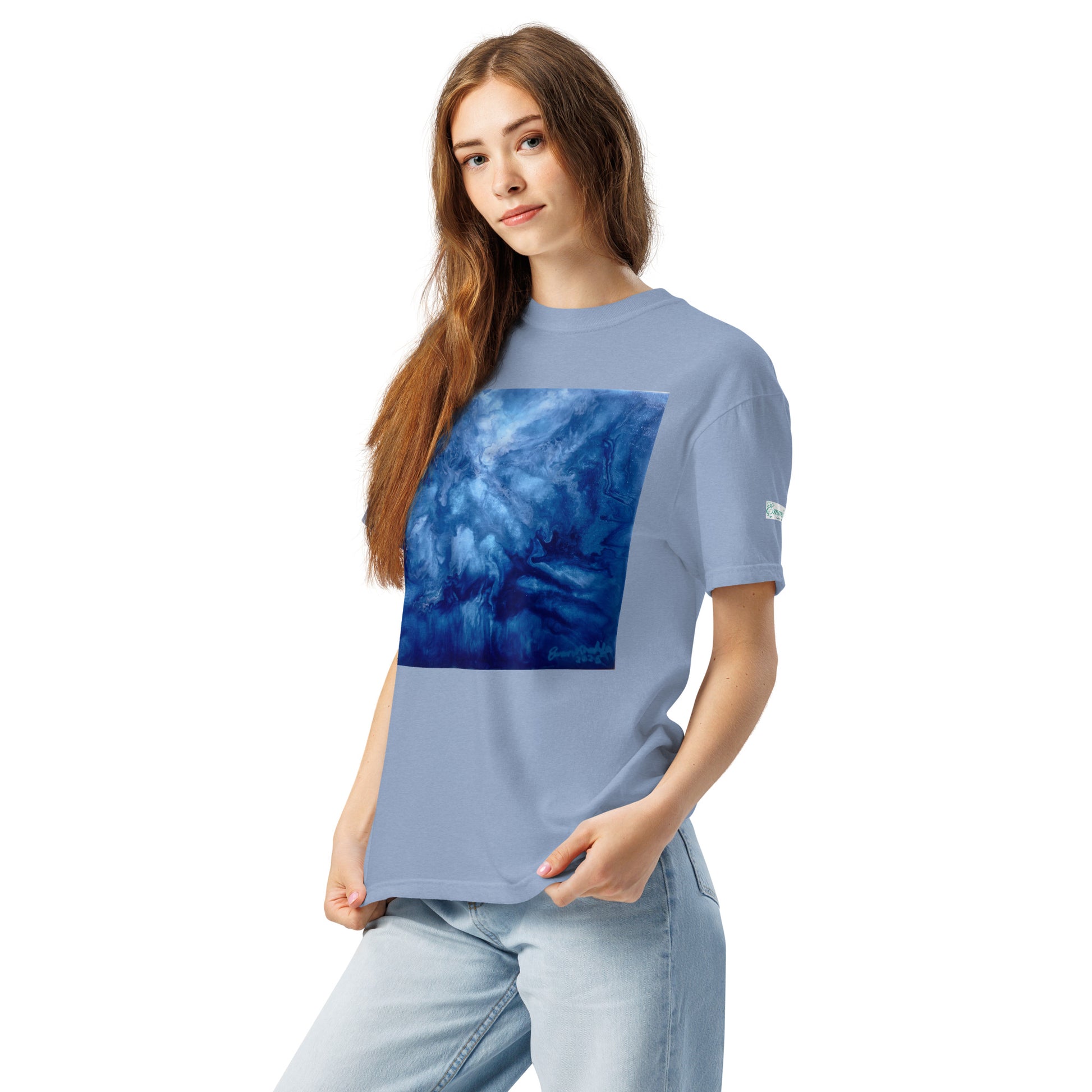 Graphic sweatshirt printed with storm‑blue acrylic pour from ‘Thunder’