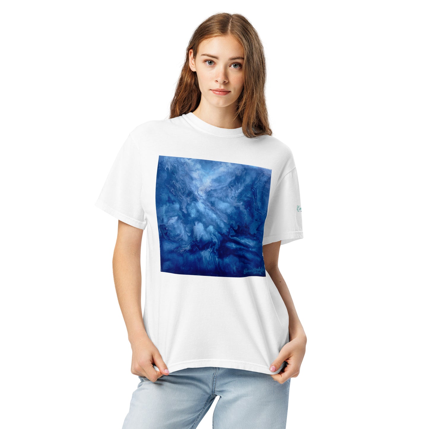Graphic sweatshirt printed with storm‑blue acrylic pour from ‘Thunder’