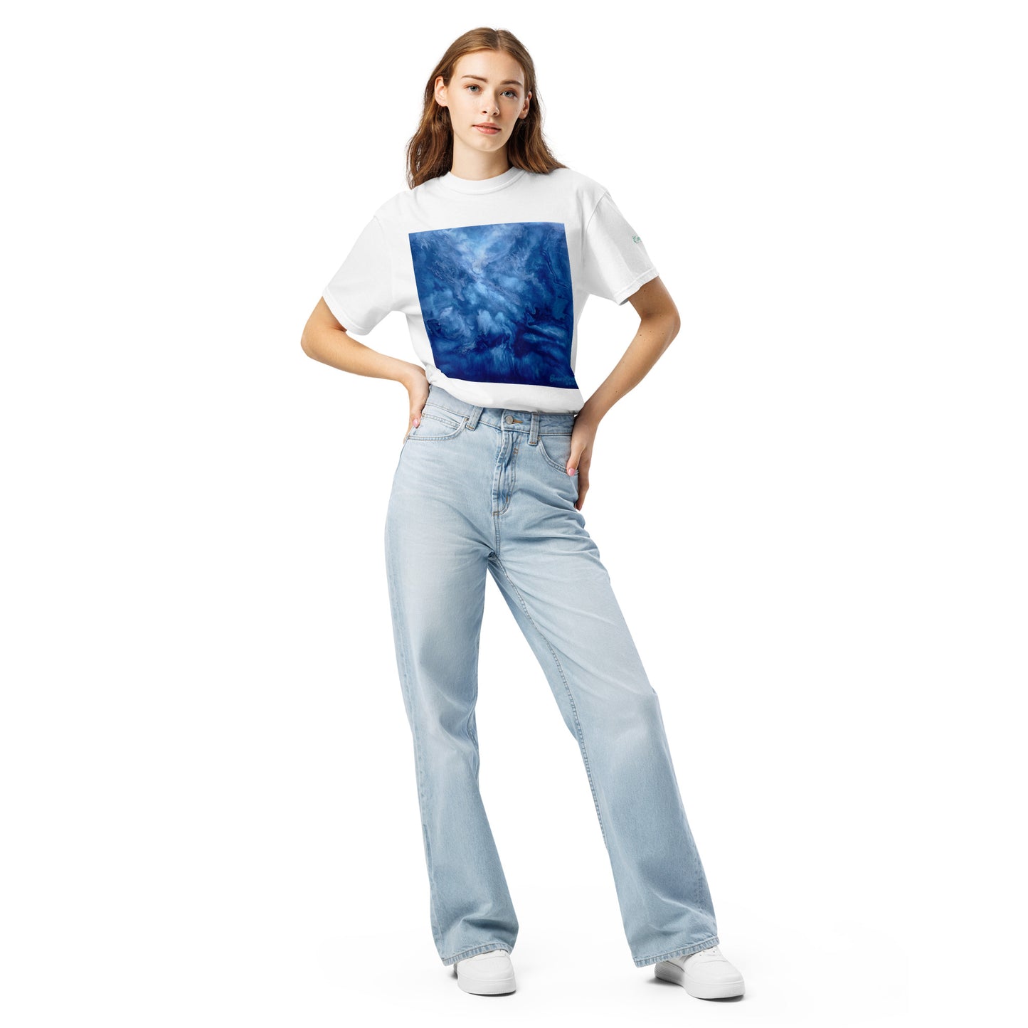 Graphic sweatshirt printed with storm‑blue acrylic pour from ‘Thunder’