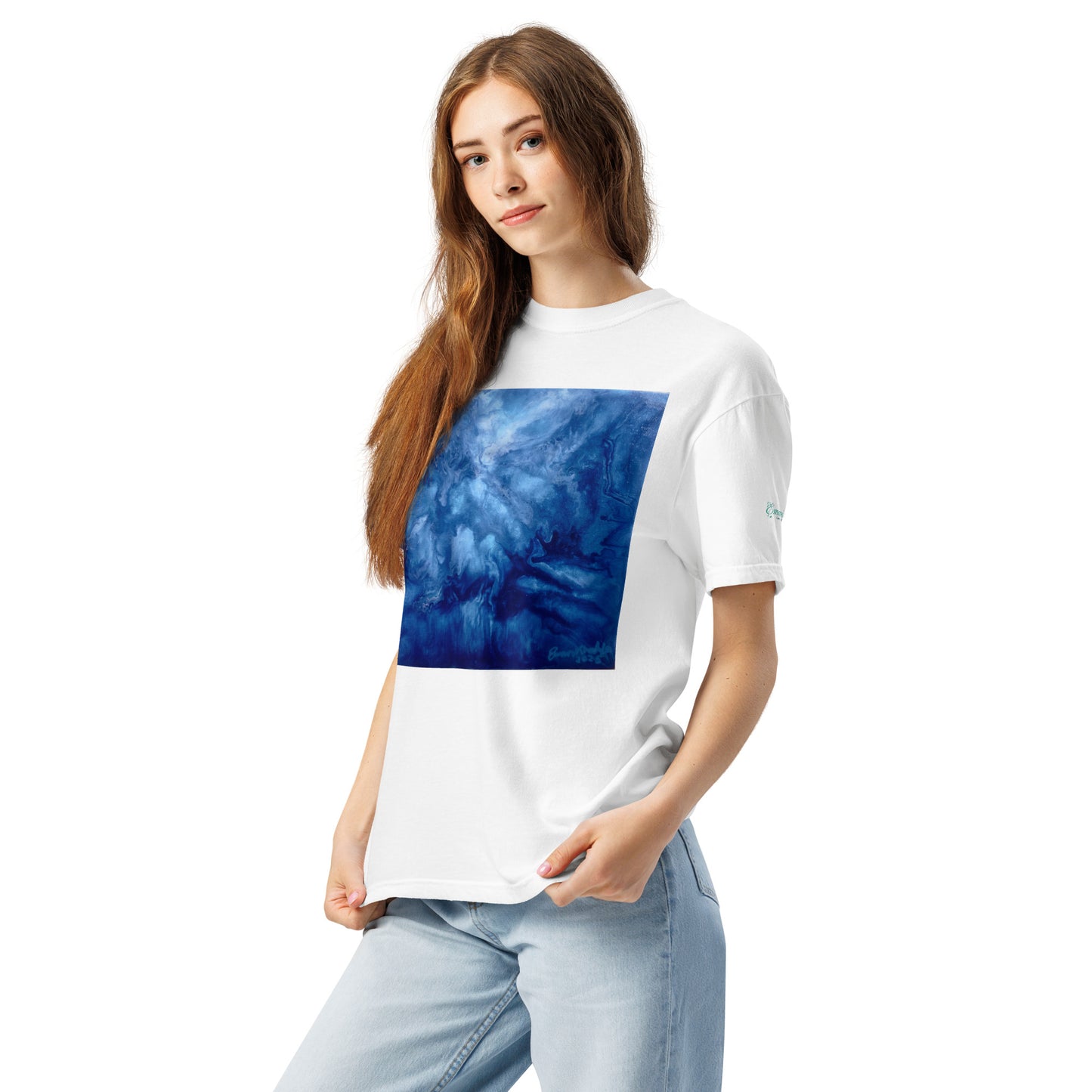 Graphic sweatshirt printed with storm‑blue acrylic pour from ‘Thunder’