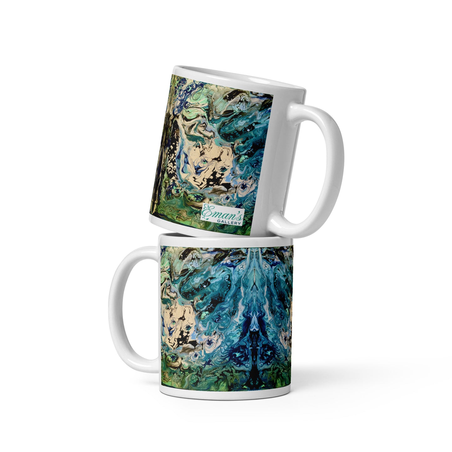 Ceramic mug with Tectonic print—oceanic blues, greens & ivory marbling.