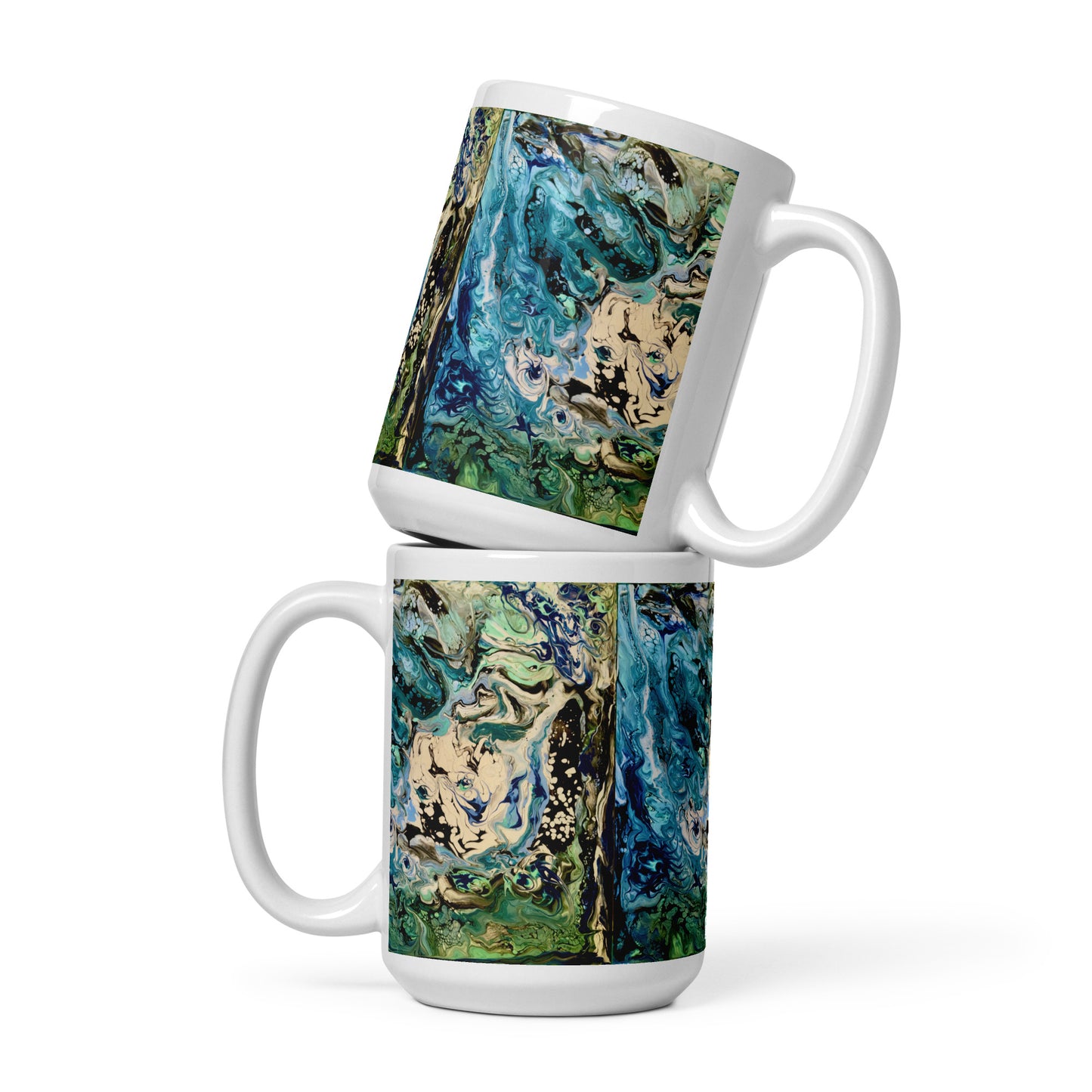 Ceramic mug with Tectonic print—oceanic blues, greens & ivory marbling.