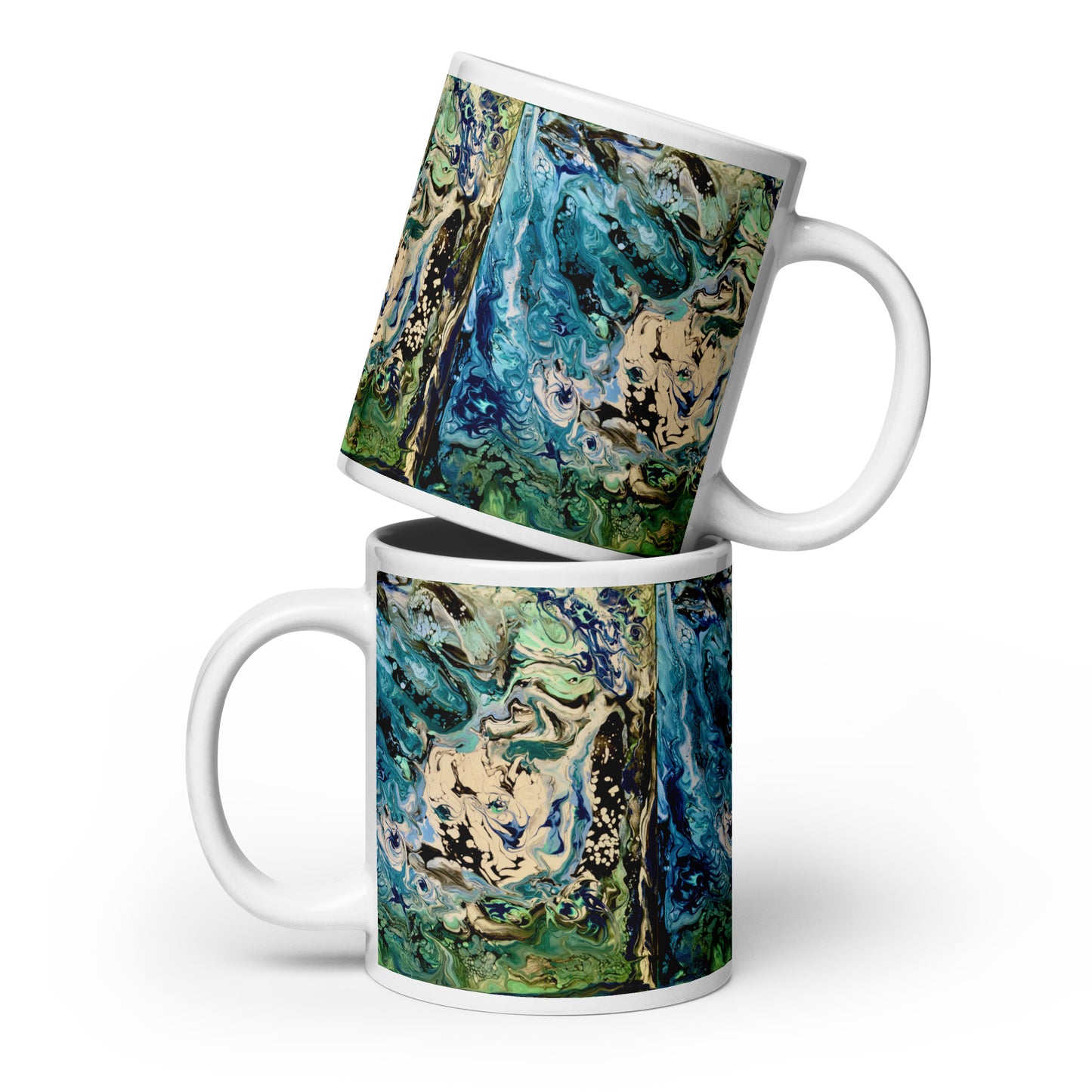 Ceramic mug with Tectonic print—oceanic blues, greens & ivory marbling.